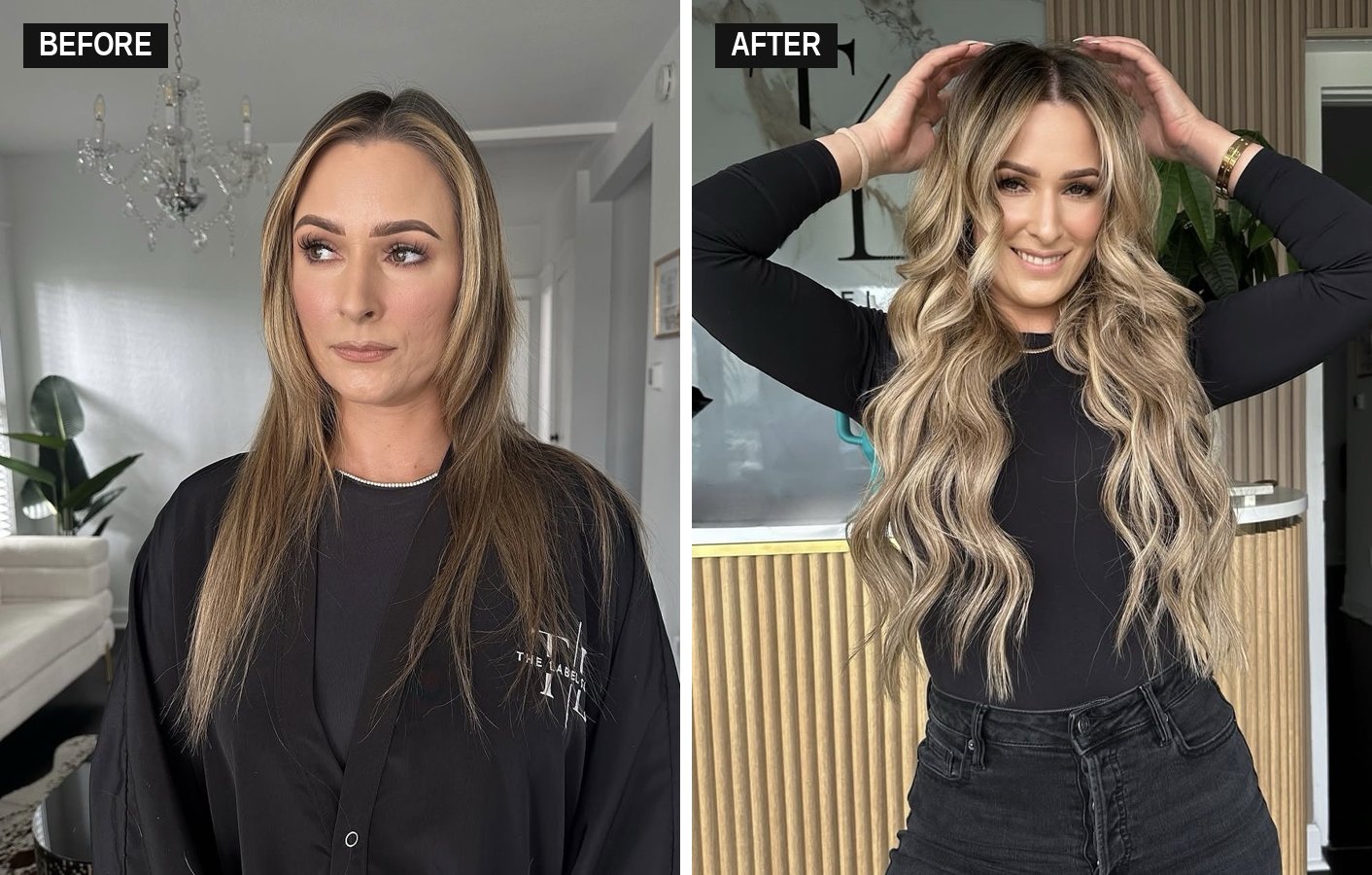 Before and after hand-tied extensions at The Label Salon in Longwood, FL: shoulder-length blonde balayage transformed to long, full, wavy blonde hair