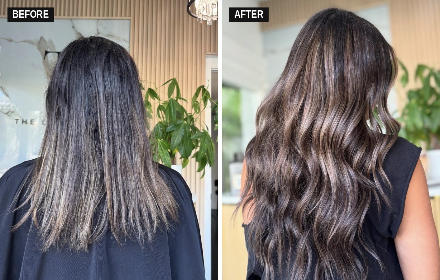 Before and after hand-tied extensions at The Label Salon in Longwood, FL: thin, mid-length dark brunette hair transformed to long, thick brunette waves