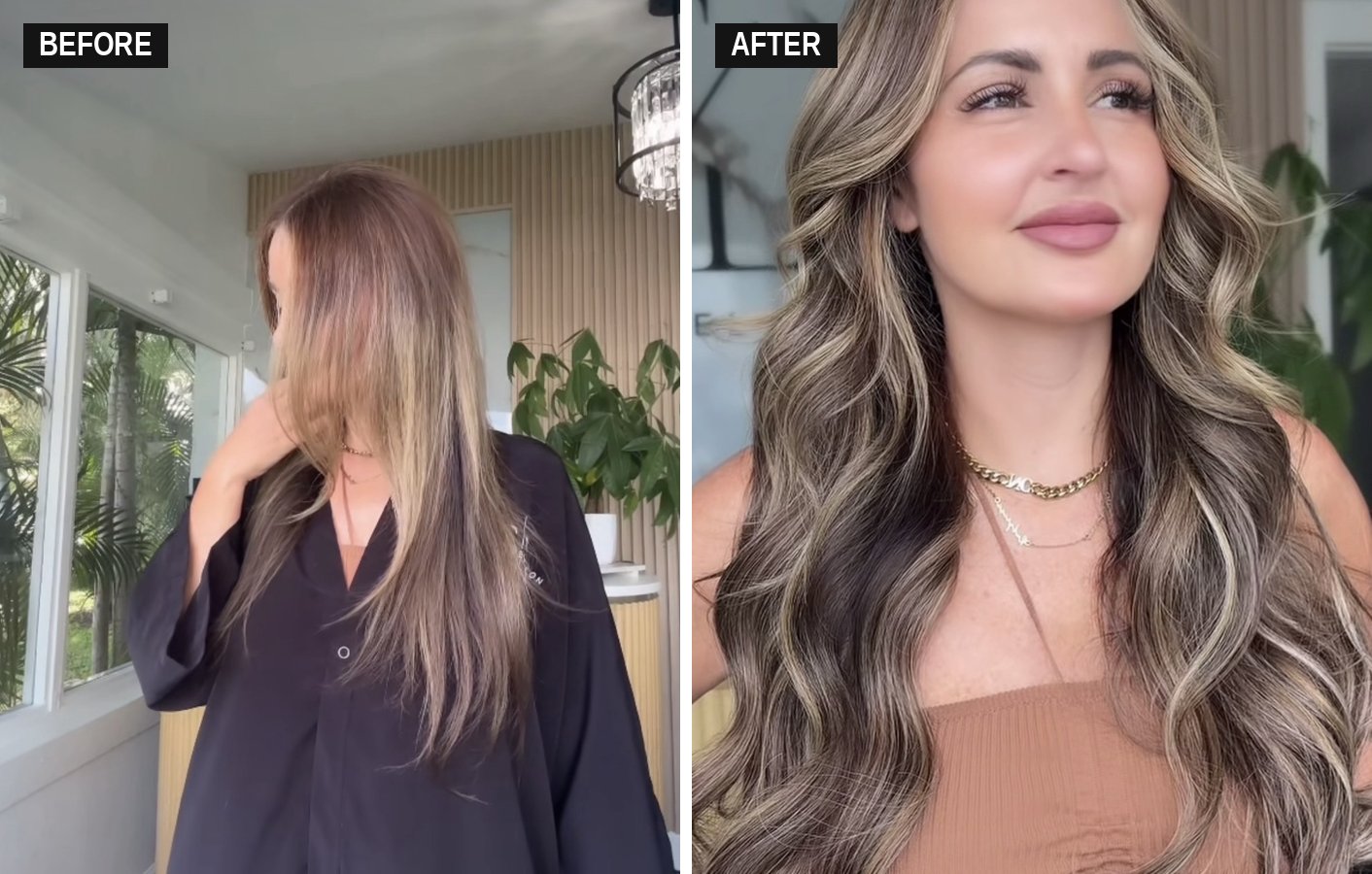 Before and after hand-tied extensions at The Label Salon in Longwood, FL: fine, straight light brown hair transformed to long, full blended blonde waves